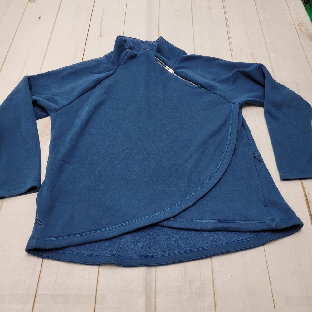 Athleta Karma Asym fleece wrap pullover sweater top blue